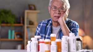 Senior dealing with too many medicine bottles