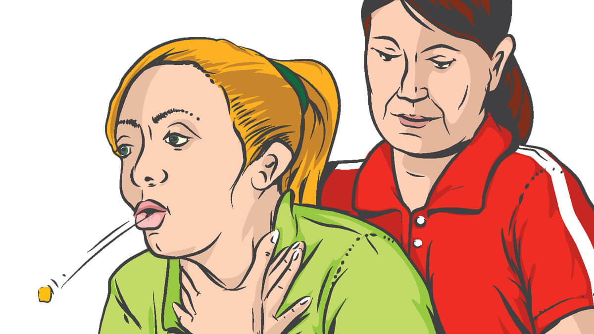 Graphic: A person helping someone that is choking with using the Heimlich Maneuver