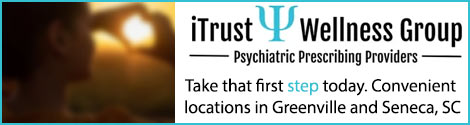 Ad: Something not feeling right? Sad? Anxious? Depressed? Call iTrust Wellness with locations in Greenville, SC and Seneca, SC. Take that first step today.