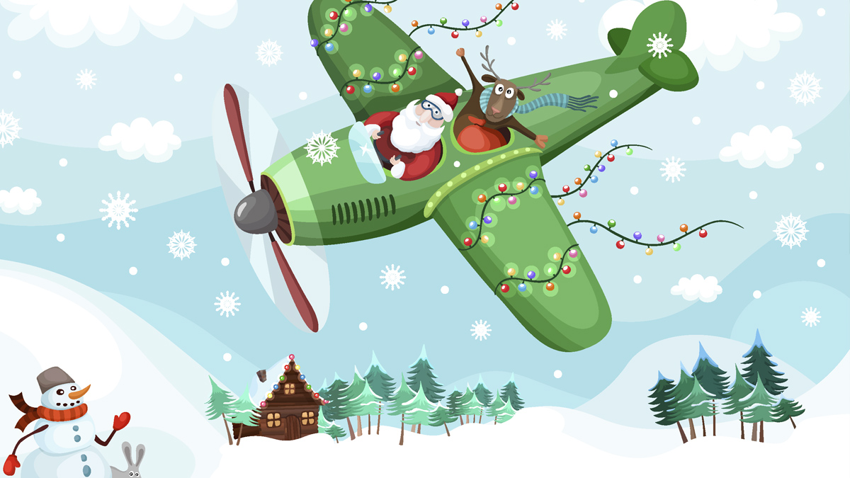 Graphic of an airplane with Santa inside