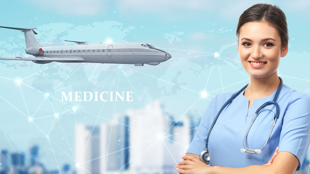 Photo of a nurse in front of an airplane graphic