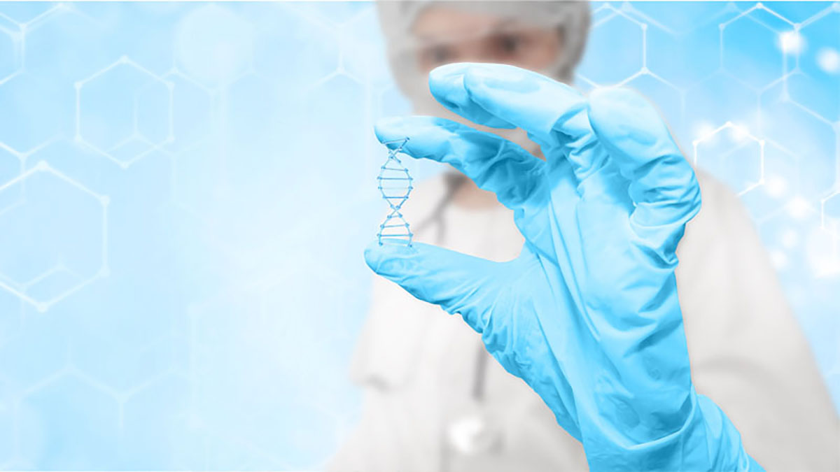 Photo of a doctor holding up the graphic for DNA